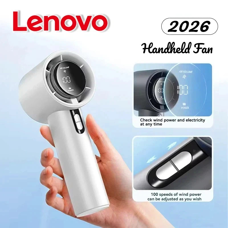 Lenovo Ultra Quiet 100 Speed Handheld Fan USB Rechargeable Portable Mini Turbo Fan for Office Outdoor Travel with LEDIndicator