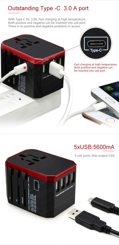 Melery Travel Smart Adapter International Plug Adaptor Wall USB Type C Charger AC Power US EU UK AU for iPhone iPad Android
