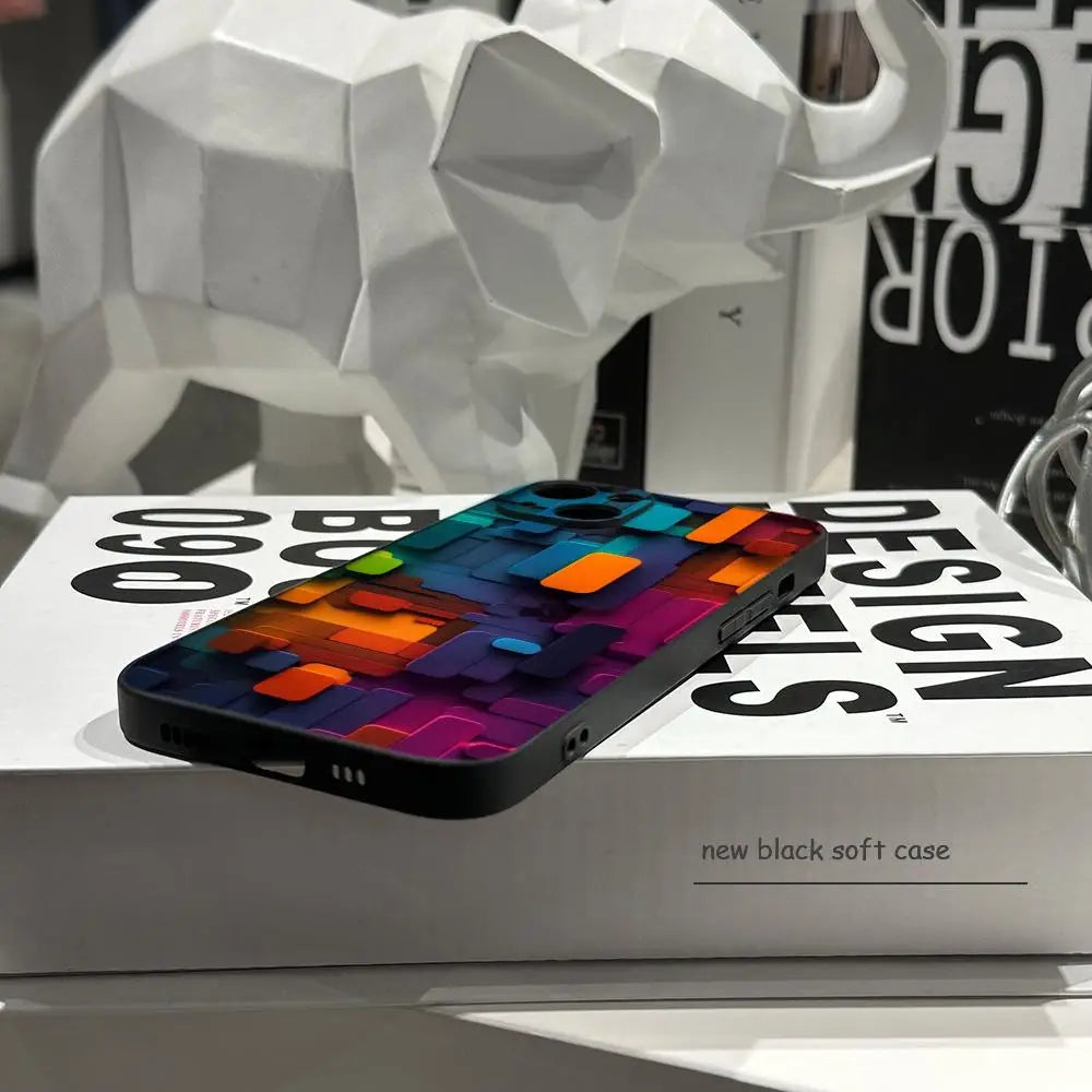 Men's cool creative cube Building Block IMD Phone Case FOR IPhone 16promax 14 11 12 Pro 8 7 15 Plus 13 Pro MAX XR XS Black Cover