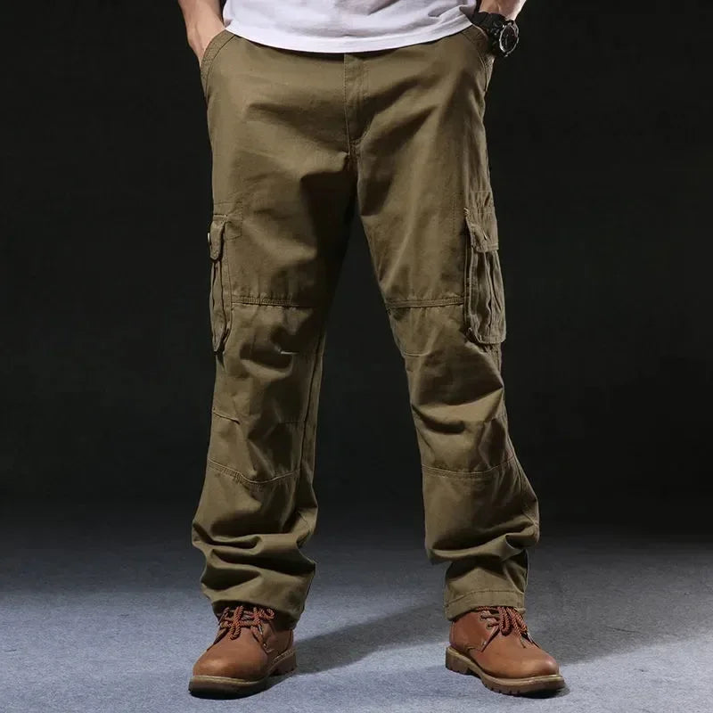 Cross-Border Men's Cargo Pants Spring Autumn Loose-Fit Pure Cotton Multi-Pocket Plus Size Straight-Leg Casual Pants