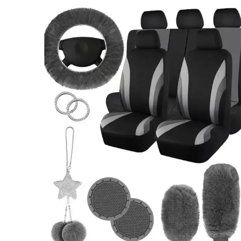 17Pcs Striped Design Universal Car Seat Cover Set Including Front Seat Cover Handbrake Shift Coverfluffy Steering Wheel Cover by PDG ibma