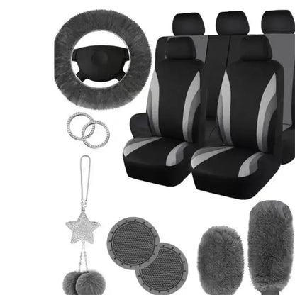 17Pcs Striped Design Universal Car Seat Cover Set Including Front Seat Cover Handbrake Shift Coverfluffy Steering Wheel Cover by PDG ibma