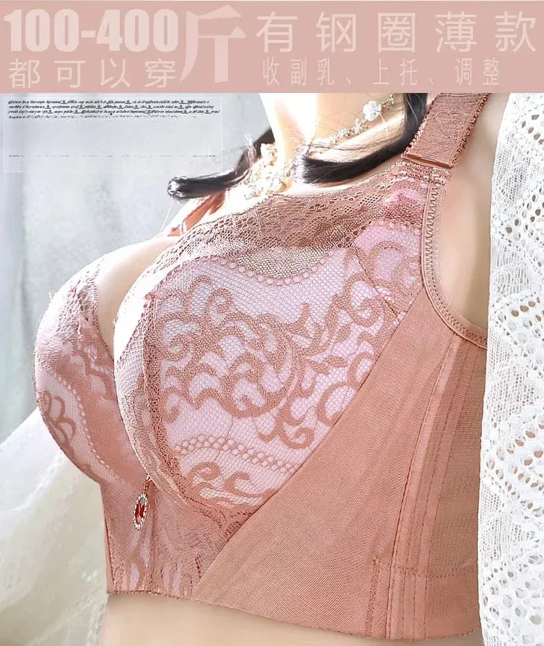 Plus Size Push Up Bra Sexy Lace Underwire - Full Coverage Lingerie for Curvy Women, Wide Side Wings & Thin Cup Support Big Bust