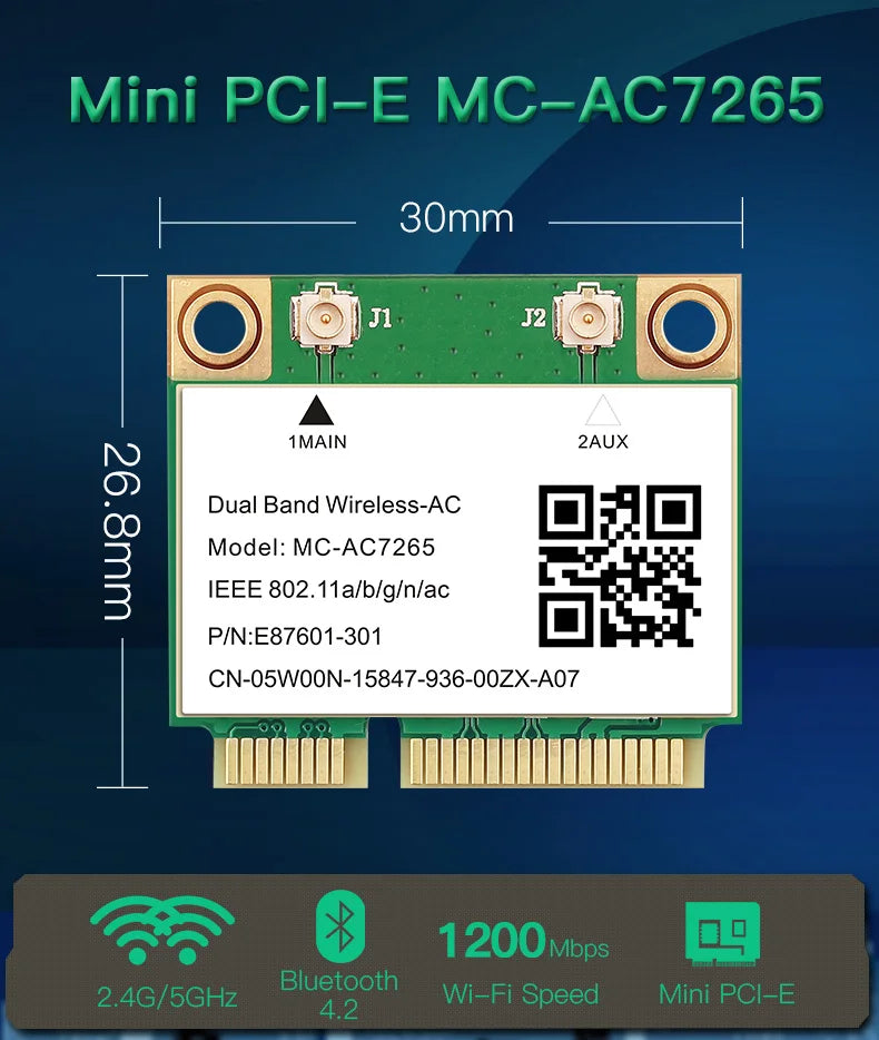 MC-AC7265 1200Mbps Bluetooth 4.2Mini PCI-E Interface 2.4G 5Ghz Wifi Card For Laptop
