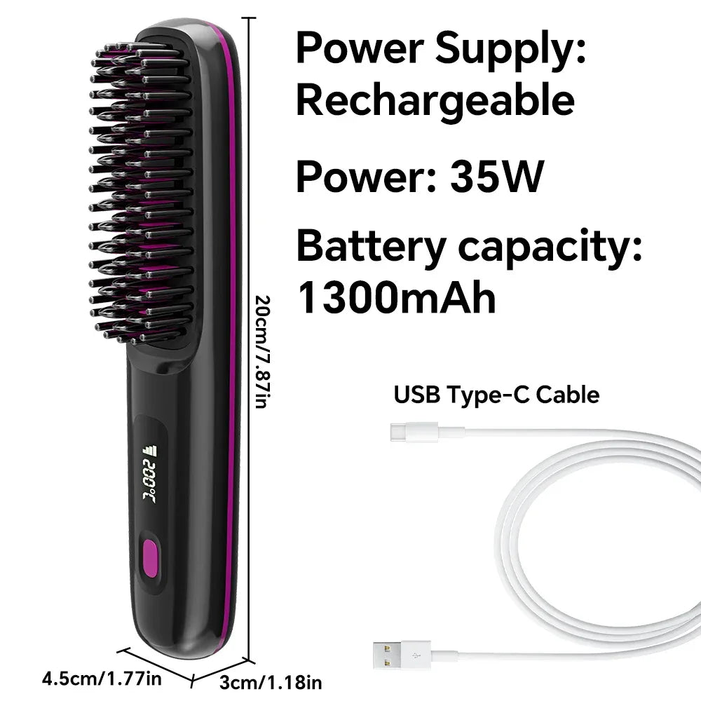 Rechargeable Hair Straightener Brush with 20s Fast Heating and 3 Temp Settings, Straightening Comb with Negative Ions for Women