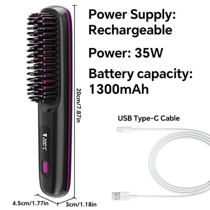 Rechargeable Hair Straightener Brush with 20s Fast Heating and 3 Temp Settings, Straightening Comb with Negative Ions for Women