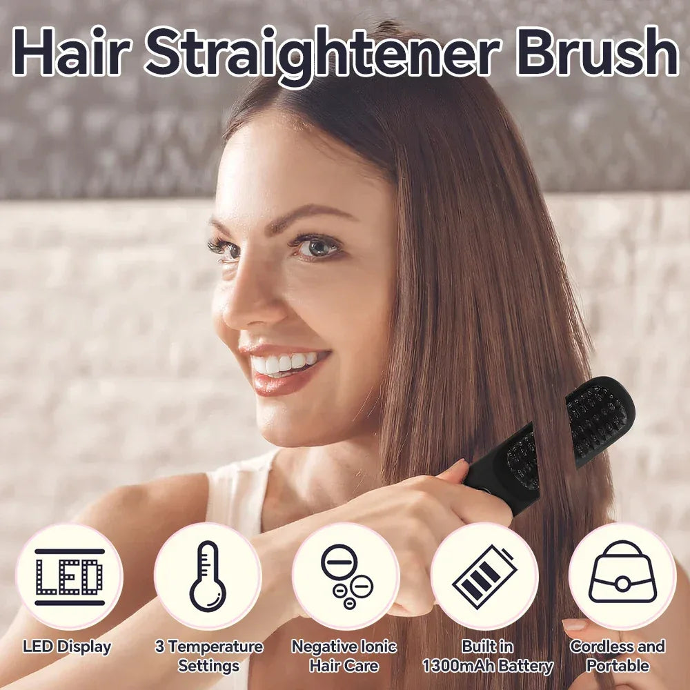 Rechargeable Hair Straightener Brush with 20s Fast Heating and 3 Temp Settings, Straightening Comb with Negative Ions for Women