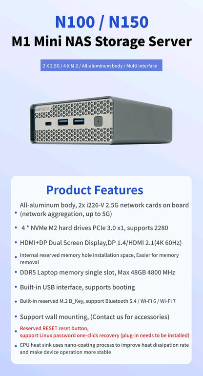 SZBOX M1S Intel N100/N150 MINI PC Windows 11 Pro DDR5 4800MHz 4*M.2 SSD RJ45 4k HD Desktop DIY NAS Host Metal Case Soft Router