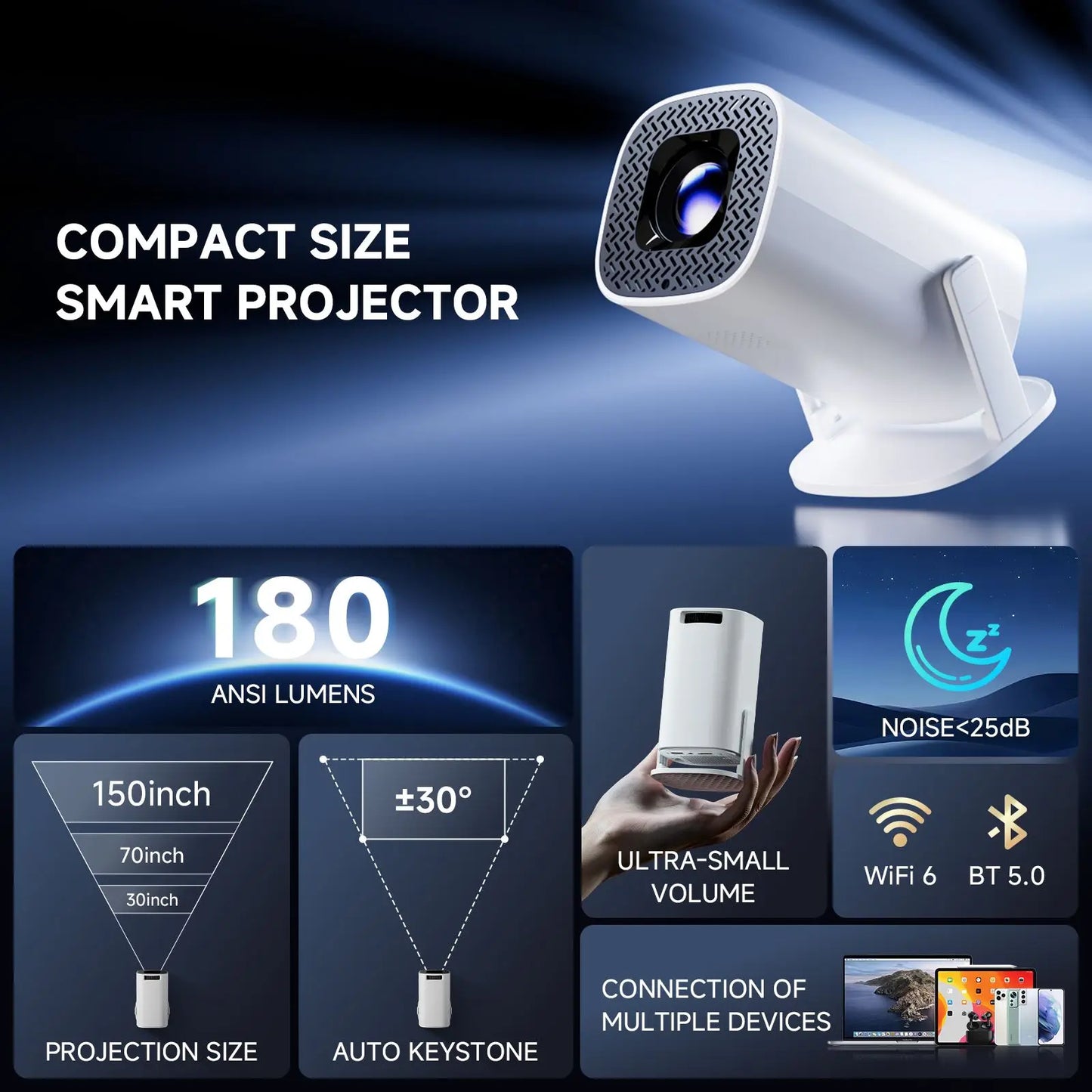 HONGTOP Smart Projector 4K Android 14 WiFi6 Supports 1080p*720p Screen Mirroring Smart Home Theater Outdoor Portable Projector