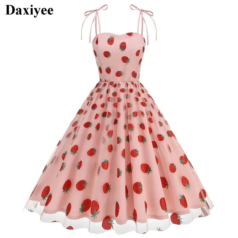 Knot Strap Strawberry Patchwork Vintage Dress 2025 Heart Flocking Valentine's Day Dress Women Birthday Party Pleated Mesh Dress