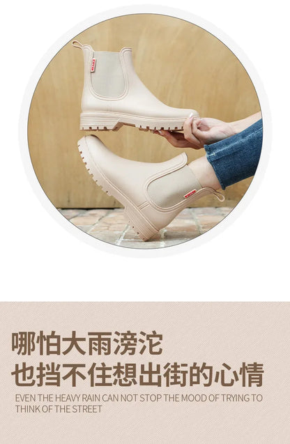 Women's short tube anti slip rain shoes, lightweight waterproof water shoes, fashionable Chelsea rain boots, PVC one-time moldin
