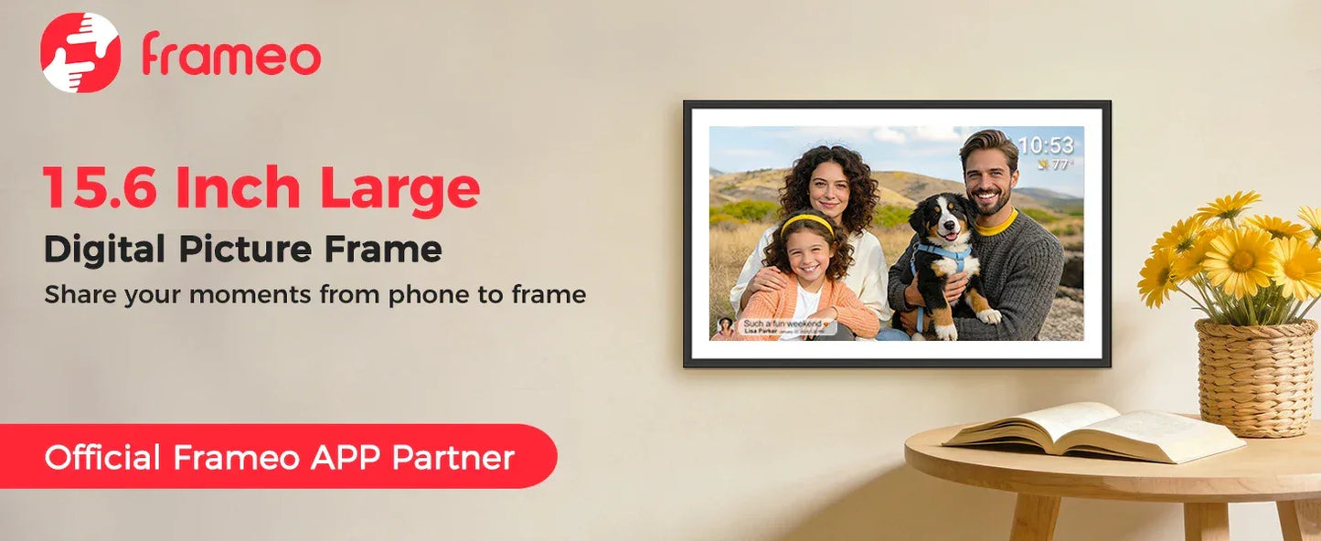 FRAMEO 15.6 Inch 32GB Large Digital Photo Frame, Digital Picture Frame WiFi, IPS HD Touch Screen, Photo Frame with Auto-Rotate