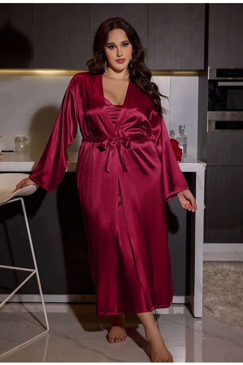 Plus Size 3XL 4XL 5XL Nighty&Robe Set Sexy Bride Long Wedding Bathrobe Dress Spring Summer New Sleepwear Loose Satin Home Wear