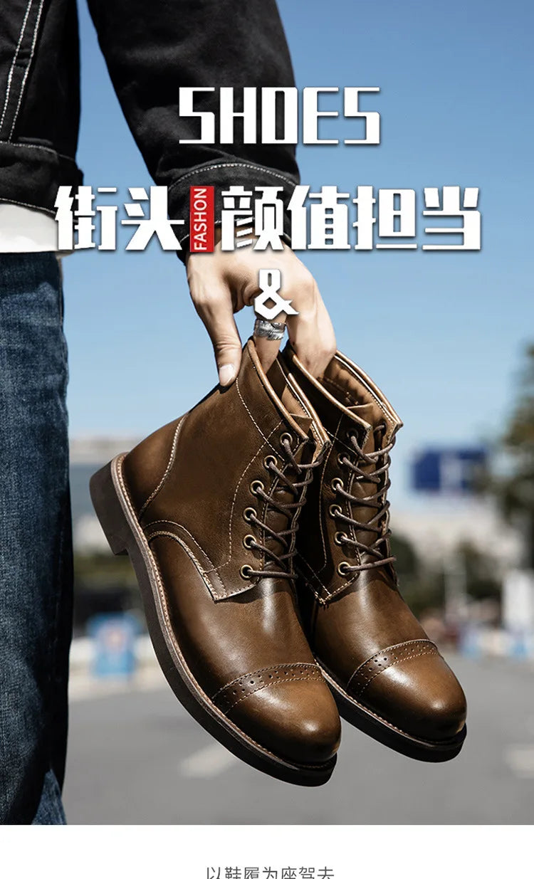 Men Boots 2025 American style Comfortable Fashion Leather Boots Lace up men's short boots motorcycle boots