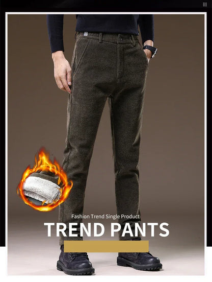 Casual Pants Men Winter New Fleece Business Elastic Waist Slim Korean Warm Thick Brushed Plush Trousers Male 28-38