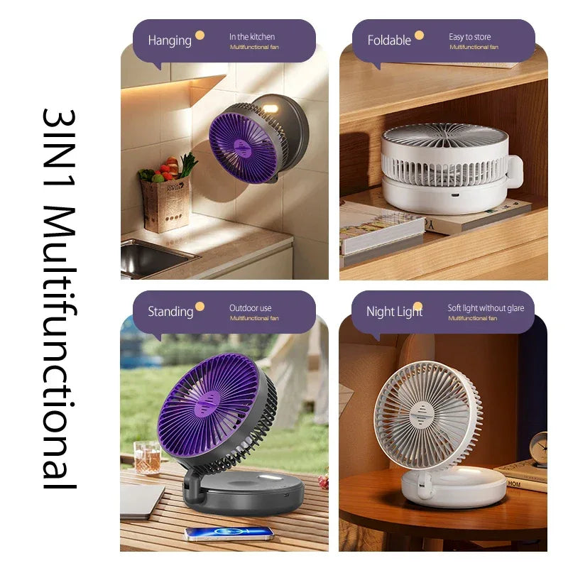 New 5000mAh Rechargeable 3IN1 Multifunctional Portable Fan Wall Mounted Fan 90° Folding Fan 4 Gears With Warm Night Light