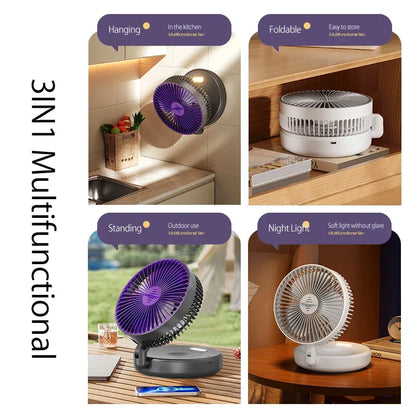 New 5000mAh Rechargeable 3IN1 Multifunctional Portable Fan Wall Mounted Fan 90° Folding Fan 4 Gears With Warm Night Light