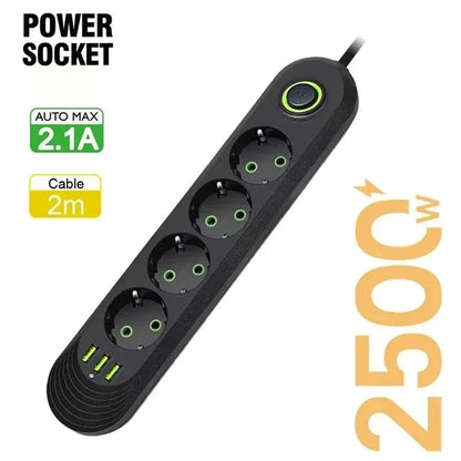 2500W EU Plug Power Socket 2m Extension Cable 3 USB Jack 3/4/5 Holes Power Strip Socket Network Filter With USB Ports Charging