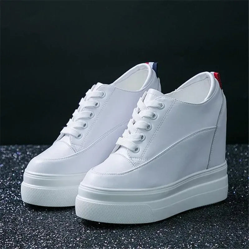 Genuine leather 10cm Increase Flat Platform Shoes Female Thick Sole Students Casual Shoes Woman  Lace Up Solid   Women Shoes