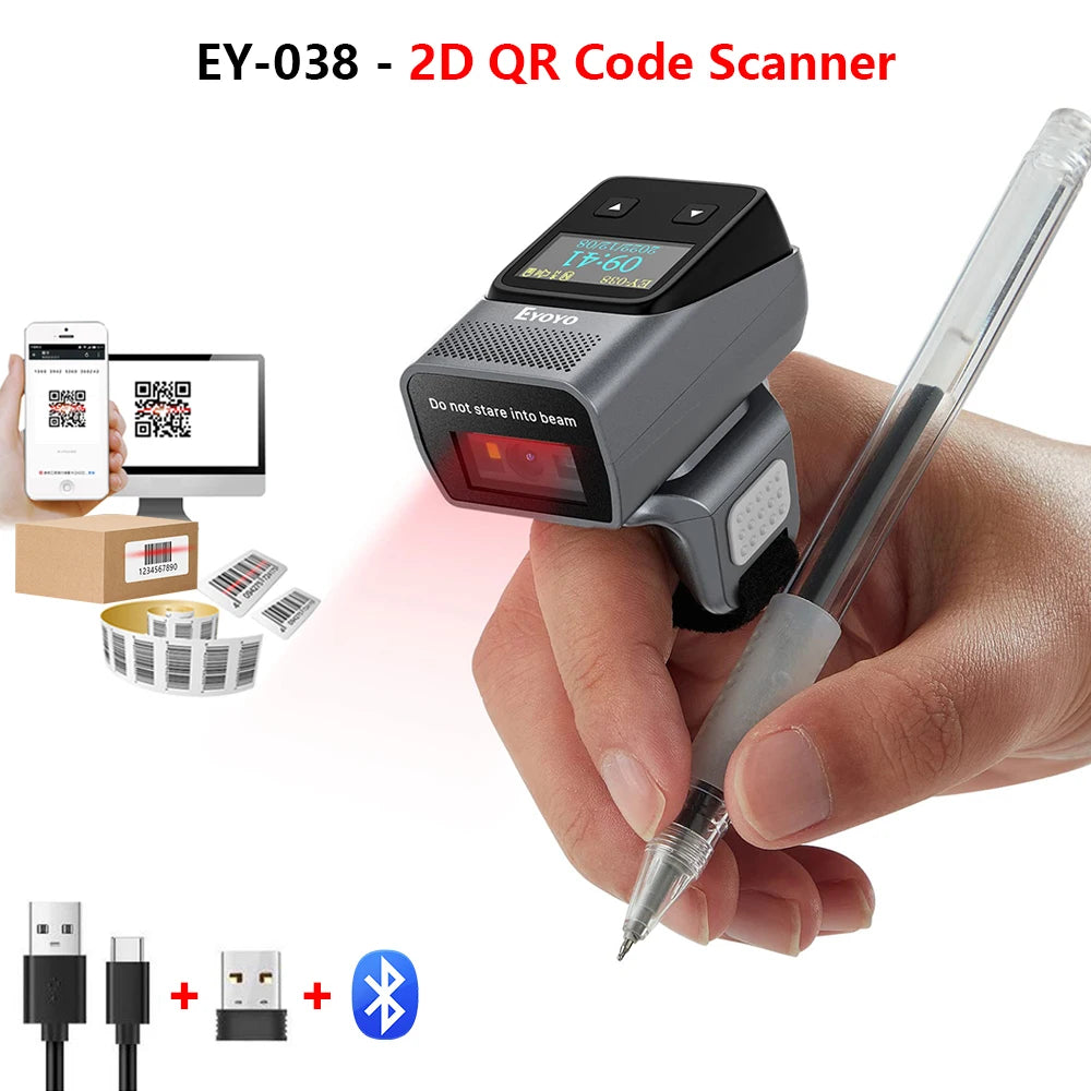 Eyoyo EY-038 Ring Barcode Scanner with Screen.1D Laser/2D Mini Wearable Bluetooth Finger QR Code Reader.Support Screen Scanning