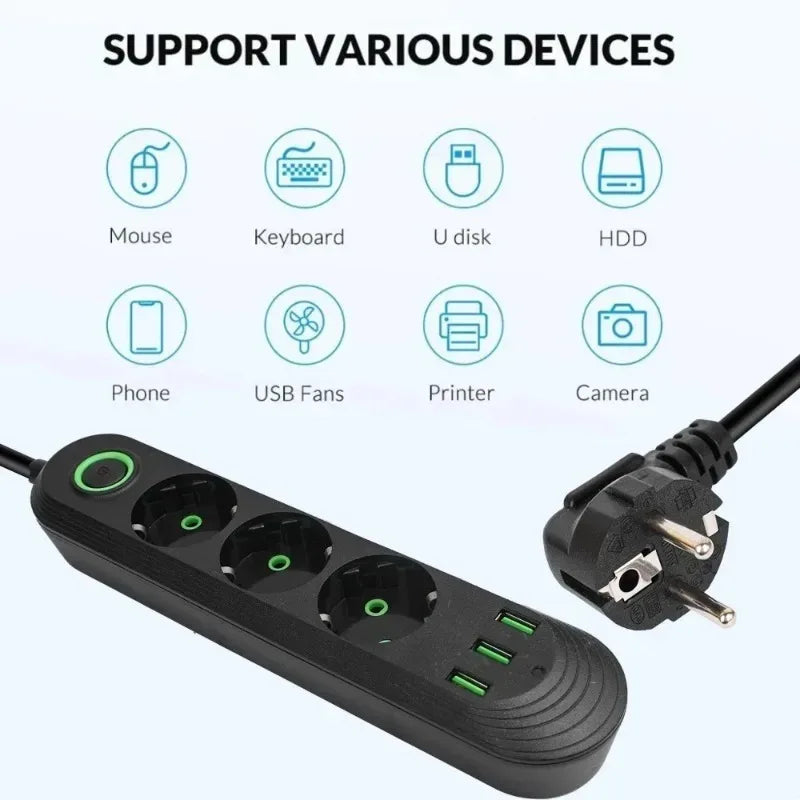 EU Power Socket 2m Cable 3USB Jack 3/4/5 Holes 2500W Power Strip AC Outlet with Extension Cord Max 2.1A Charging Adapter Socket