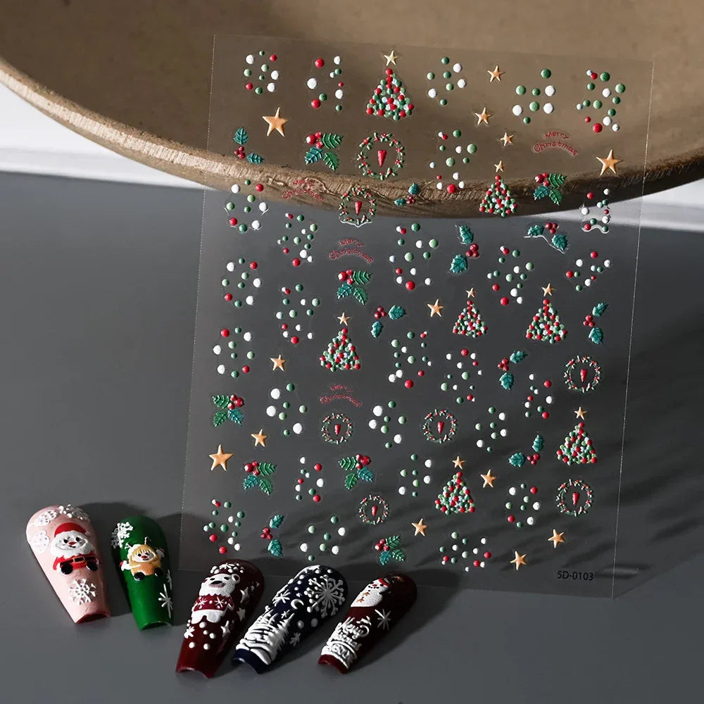 1pc Christmas Nail Art Stickers 5D Winter Holiday Themed Nail Decor Santa/Snowflakes/Christmas Trees/Gingerbread Nail Supplies *