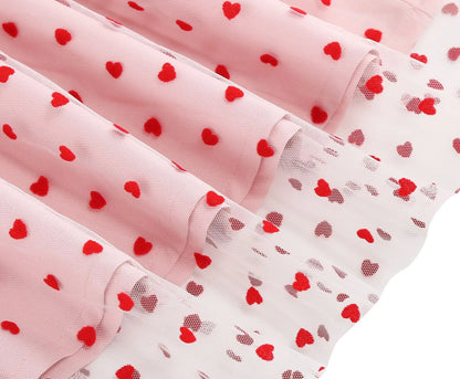 Knot Strap Strawberry Patchwork Vintage Dress 2025 Heart Flocking Valentine's Day Dress Women Birthday Party Pleated Mesh Dress