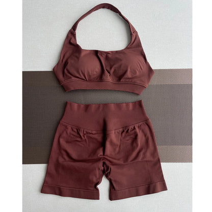 2 Pieces Yoga Gym Set Women Seamless Strappy Yoga Bra High Waist Workout Scrunch Shorts Sports Set Fitness Clothes Sportswear
