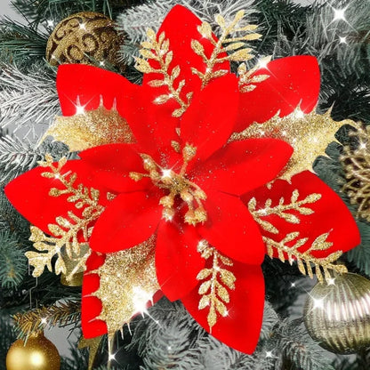 10/1Pc Christmas Glitter Artificial Flowers DIY Christmas Tree Hanging Ornaments Fake Flower For Xmas New Year Party Decor Gifts