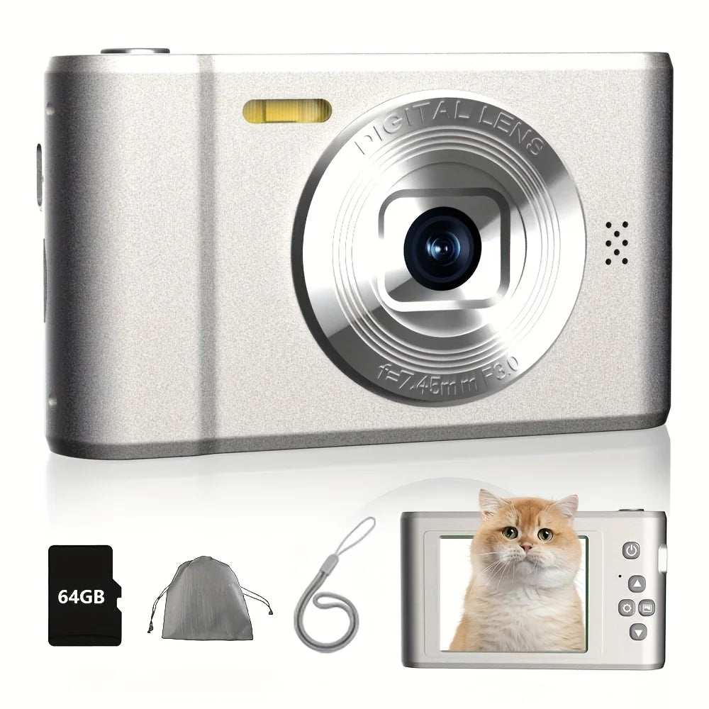 FUNNY PANDA Pink Digital Camera, 44MP 1080P Vlogging Camera with 16X Zoom, 2.2 Inch Screen, Self Timer, Webcam Mode, Plug and Play, 64GB Card Included, Ultra Lightweight Compact Retro Design