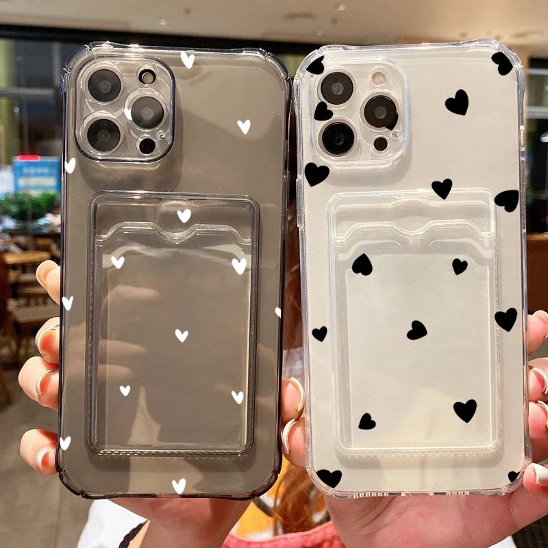 Case For iPhone 16 15 14 13 12 11 Pro Max Black White Love Heart Clear Phone Cover For iPhone XS X 7 8 Plus Wallet Card Bag Case