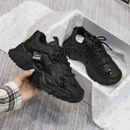 Women's Shoes Platform Autumn Leather 2025 New Versatile Black Casual Sneaker Solid Color Lace-up Vulcanize Shoes Tenis Feminino