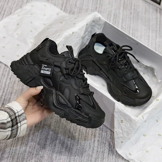 Women's Shoes Platform Autumn Leather 2025 New Versatile Black Casual Sneaker Solid Color Lace-up Vulcanize Shoes Tenis Feminino