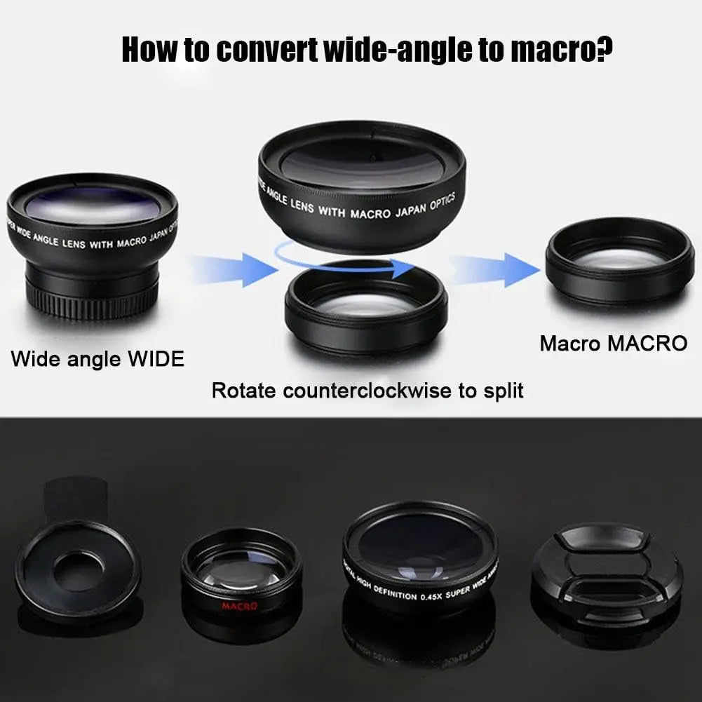 Professional 2 in 1 Lens Universal Clip 37mm Cell Phone Lens 0.45x 49uv Super Wide Angle + Macro HD Lens for All Smartphones