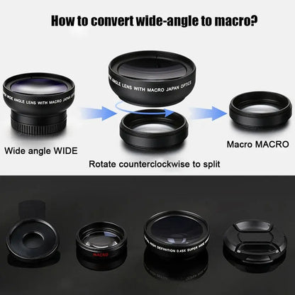 Professional 2 in 1 Lens Universal Clip 37mm Cell Phone Lens 0.45x 49uv Super Wide Angle + Macro HD Lens for All Smartphones