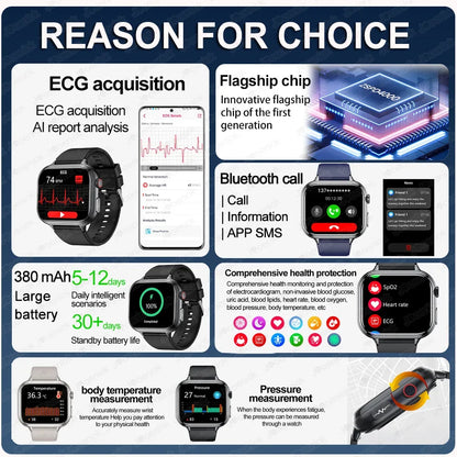 2025New Medical Grade ECG+PPG Smart Watch BMI Body Fat Uric Acid Painless Non-invasive Blood Sugar Monitoring Calling Smartwatch
