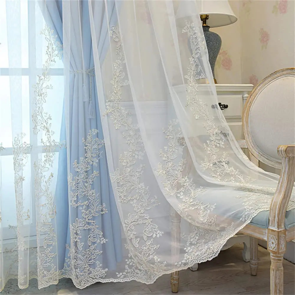 Luxury Beige Double Layer Embroidery Blackout Curtain for Bedroom Living Room European Delicate Sheer Plus Darkening Cloth Drape