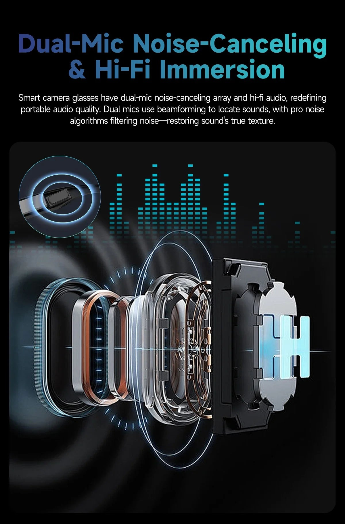 Lunettes intelligentes IA avec caméra 8 MP, enregistrement vidéo, traduction de plus de 100 langues, appels Bluetooth et lecture de musique. Modèle homme/femme (2025).