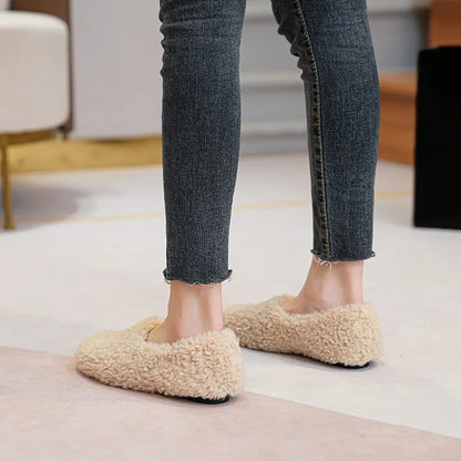 Big Size 43 Women Lambswool Slippers Winter Sheep Fur Shoes Ladies Flat Cotton Slides Home Pantuflas Daily Slip On Furry Mules