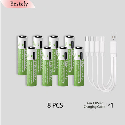 2026 Hot Rechargeable Battery Lithium-ion 1.5V AA1200mAh Rechargeable Battery 1.5V AAA6800mAh Battery with USB-C Cables