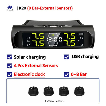 Wireless Solar Charging TPMS Real-time Monitoring with Electronic Clock Display 4 Sensors Tire Pressure Monitoring System
