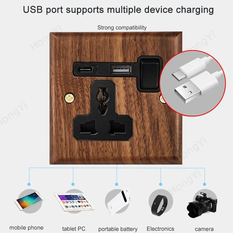 Black walnut retro European retro wall lamp switch socket, solid wood brass toggle switch board 1-4Gang 2Way antique home switch