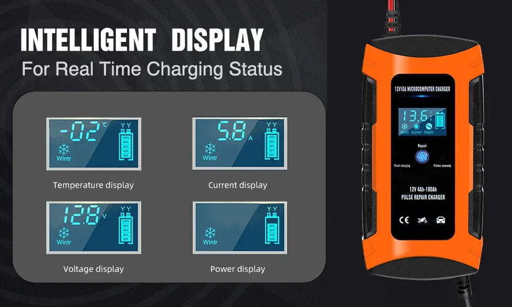 Pulse Repair Car Battery Charger 12V Output Current 10A Max Digital Display Summer Winter Mode Lead-Acid Battery Charger