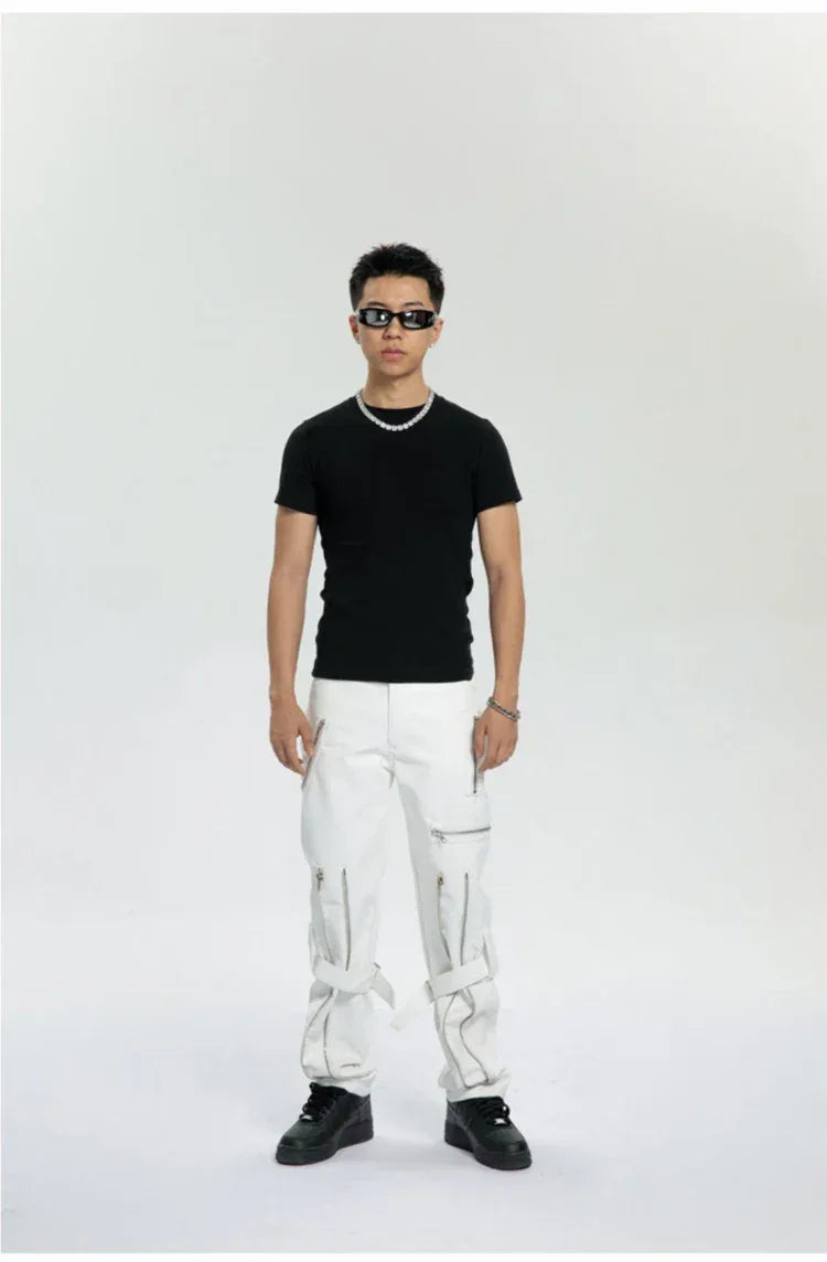 Mauroicardi Spring Autumn Cool Black Pu Leather Pants Men with Many Zippers Belt Luxury Designer Clothing Trousers Fashions 2023