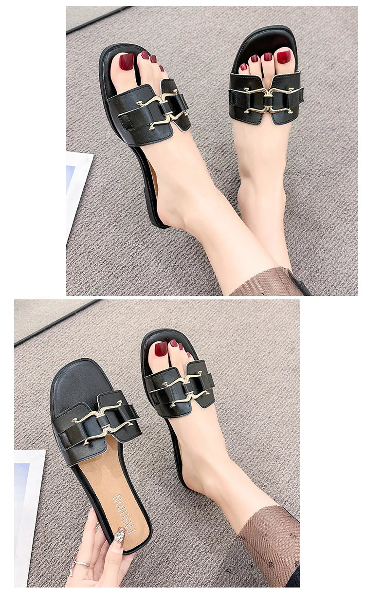 2024European and American Style Summer Fashion Out Flip-flops Flat Leisure Horse with Buckle Temperament One Line Slippers Woman