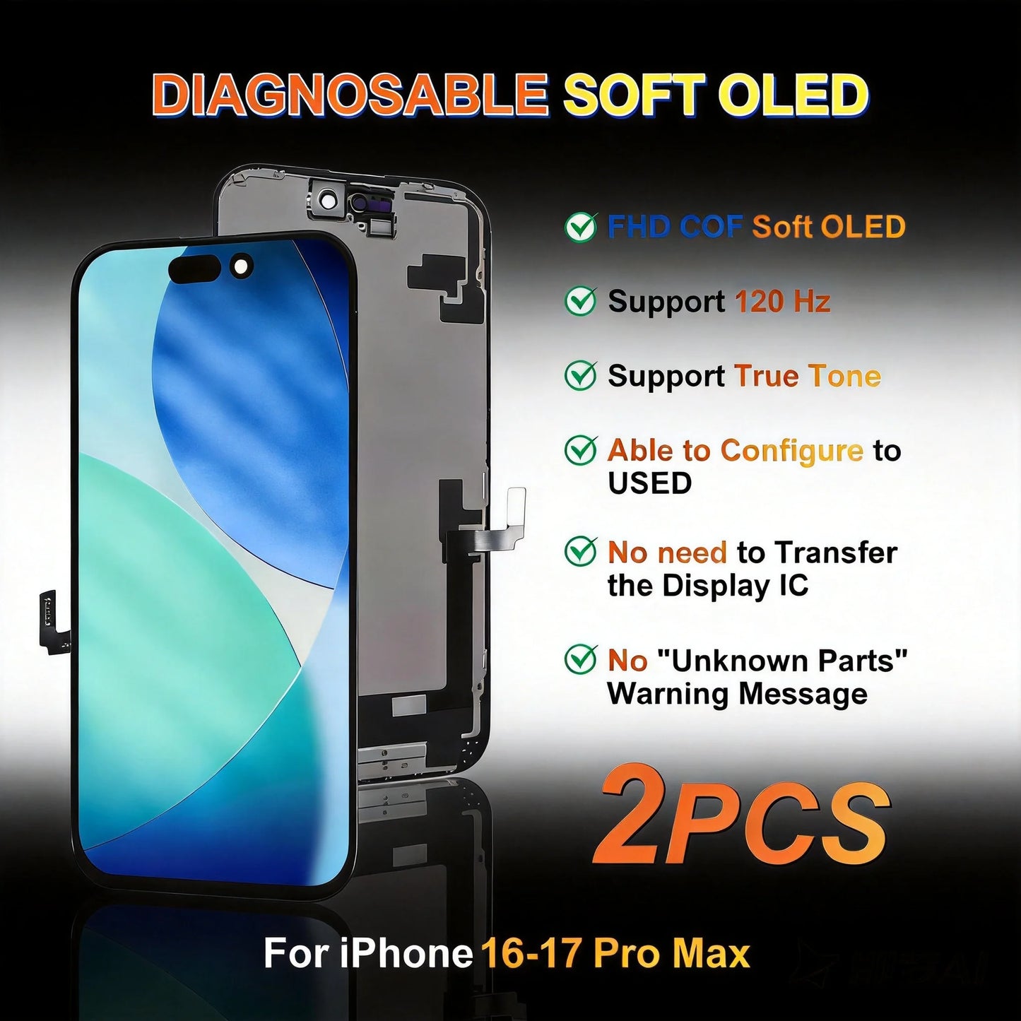 2PCS 120Hz High Refresh Rate Diagnostic Soft OLED LCD Display Screen for iPhone 16 PLUS PRO MAX  17 PRO MAX with Sensor Cable
