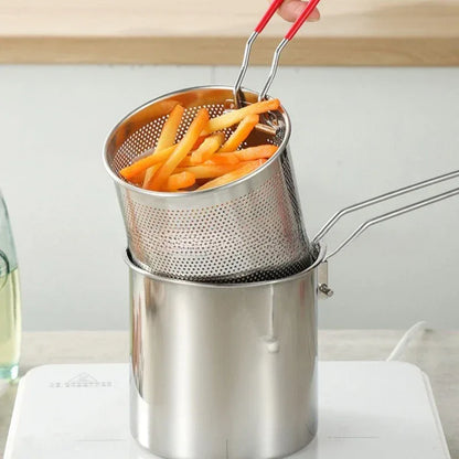 Stainless Steel Deep Fryer with Basket Multi-Purpose for Home/Commercial Tempura Chicken Frying Anti-Slip Base Cool Handle wok