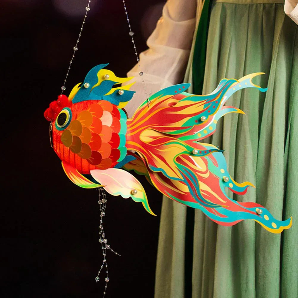 1 Set Goldfish Paper Lantern with Pole DIY Handmade Lantern Chinese New Year Mid-Autumn Festival Fish Night Light Material Bag