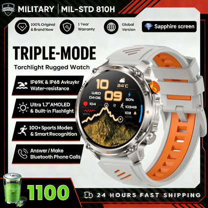2026 Edition Military Outdoor Sports Smartwatch 1.7-inch AMOLED screen 1100 mAh battery LED flashlight Bluetooth call Waterproof
