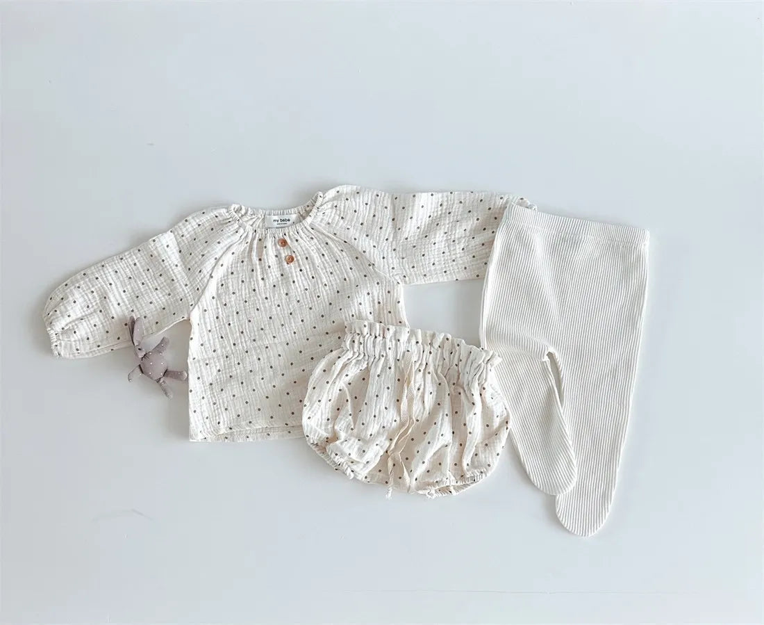 2024 Spring Newborn Floral Print Cotton Long Sleeve Tops+Shorts 2pcs Boy Girl Baby Loose Dots T-shirt Set Thin Infant Tees Suit